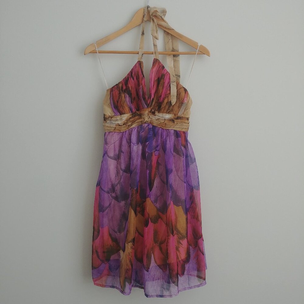 Y2K vibe short halter mini dress abstract pattern purple pink tan Medium